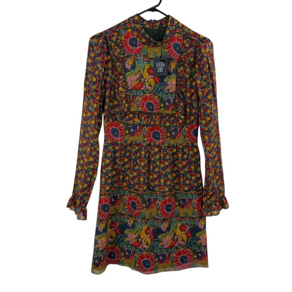 Anna Sui Dress Womens Size 0 Floral Fern Multi Ruffle LIned Colorful Silk USA
